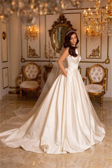Simple Long Ivory A-line V-neck Satin Sleeveless Wedding Dresses With Train