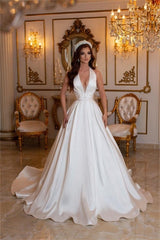 Simple Long Ivory A-line V-neck Sleeveless Satin Wedding Dresses