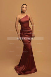 Simple Long Mermaid One Shoulder Satin Evening Dresses