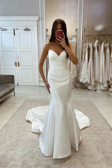 Simple Long Mermaid Satin Sleeveless Wedding Dress With Train