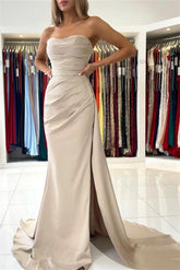Simple Long Mermaid Sleeveless Prom Dresses With Slit