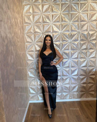 Simple Long Mermaid Spaghetti Straps V-neck Sleeveless Prom Dress With Slit