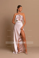 Simple Long Pink Halter Satin Sleeveless Prom Dress With Slit