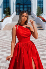 Simple Long Red A-line One Shoulder Satin Sleeveless Evening Dresses With Slit