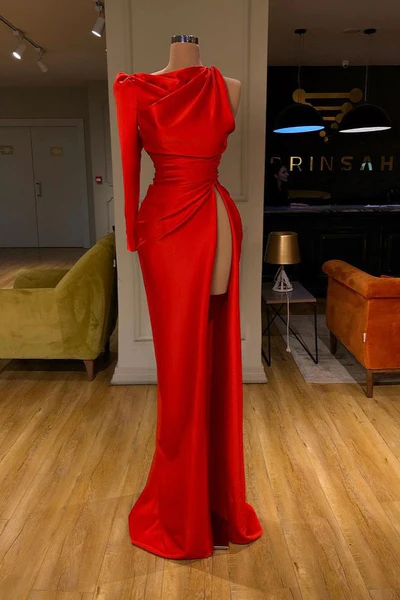 Simple Long Red Mermaid Satin Split Prom Dress With Long Sleeve