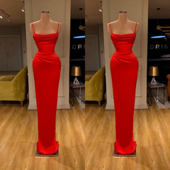 Simple Long Red Spaghetti Straps Mermaid Sleeveless Prom Dress