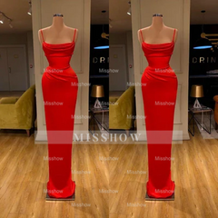 Simple Long Red Spaghetti Straps Mermaid Sleeveless Prom Dress