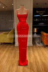 Simple Long Red Spaghetti Straps Mermaid Sleeveless Prom Dress
