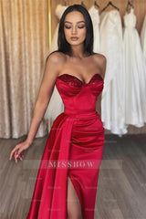 Simple Long Red Sweetheart Sequined Prom Dress With Slit