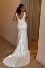 Simple Long White Mermaid Satin Sleeveless Wedding Dresses with Slit