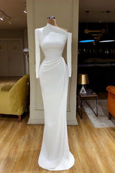 Simple Long White Mermaid Satin Wedding Dress With Long Sleeves