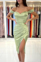 Simple Off-the-shoulder Evening Dresses Short Sage Prom Dresses With Slit