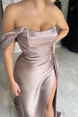 Simple Off-the-shoulder Sleeveless Satin Split Front Mermaid Prom Dress
