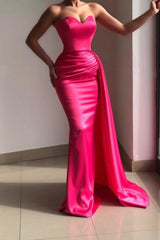 Simple Pink Strapless Sleeveless Mermaid Elastic Woven Satin Prom Dresses with Ruffles