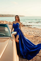 Simple Royal Blue Long A-line Sleeveless Prom Dresses With Slit