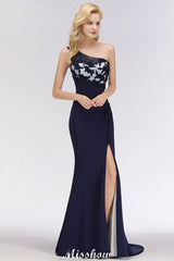Simple Side Split One-Shoulder Prom Dresses | A-Line Sleeveless Mermaid Floral Appliques Evening Dresses