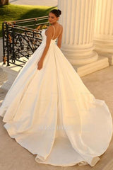 Simple spaghetti straps sleeveless ball gown satin wedding dress