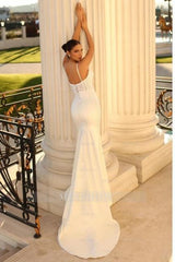 Simple spaghetti straps sleeveless mermaid satin wedding dress with lace