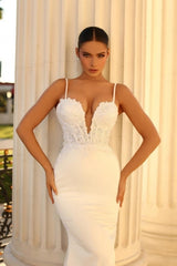 Simple spaghetti straps sleeveless mermaid satin wedding dress with lace
