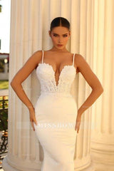 Simple spaghetti straps sleeveless mermaid satin wedding dress with lace