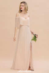 Simple Spaghetti Straps Tiered Bridesmaid Dresses | Side Slit A-Line Sleeveless Evening Maxi Dresses