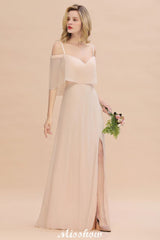 Simple Spaghetti Straps Tiered Bridesmaid Dresses | Side Slit A-Line Sleeveless Evening Maxi Dresses