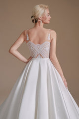 Simple Straps Sleeveless A-Line Floor-Length Satin Wedding Dresses with Ruffles