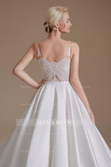 Simple Straps Sleeveless A-Line Floor-Length Satin Wedding Dresses with Ruffles