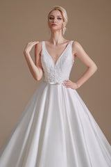 Simple Straps Sleeveless A-Line Floor-Length Satin Wedding Dresses with Ruffles
