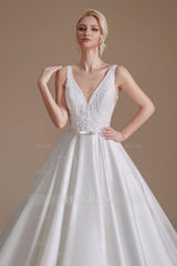 Simple Straps Sleeveless A-Line Floor-Length Satin Wedding Dresses with Ruffles