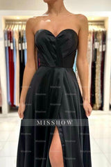 Simple Sweetheart Satin Evening Dresses Black Long Prom Dresses With Slit
