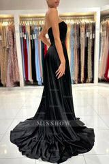 Simple Sweetheart Satin Evening Dresses Black Long Prom Dresses With Slit