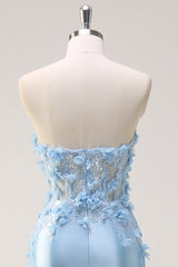 Sky Blue Mermaid Sweetheart Satin Long Corset Prom Dress with Appliques