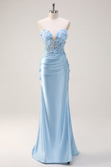 Sky Blue Mermaid Sweetheart Satin Long Corset Prom Dress with Appliques