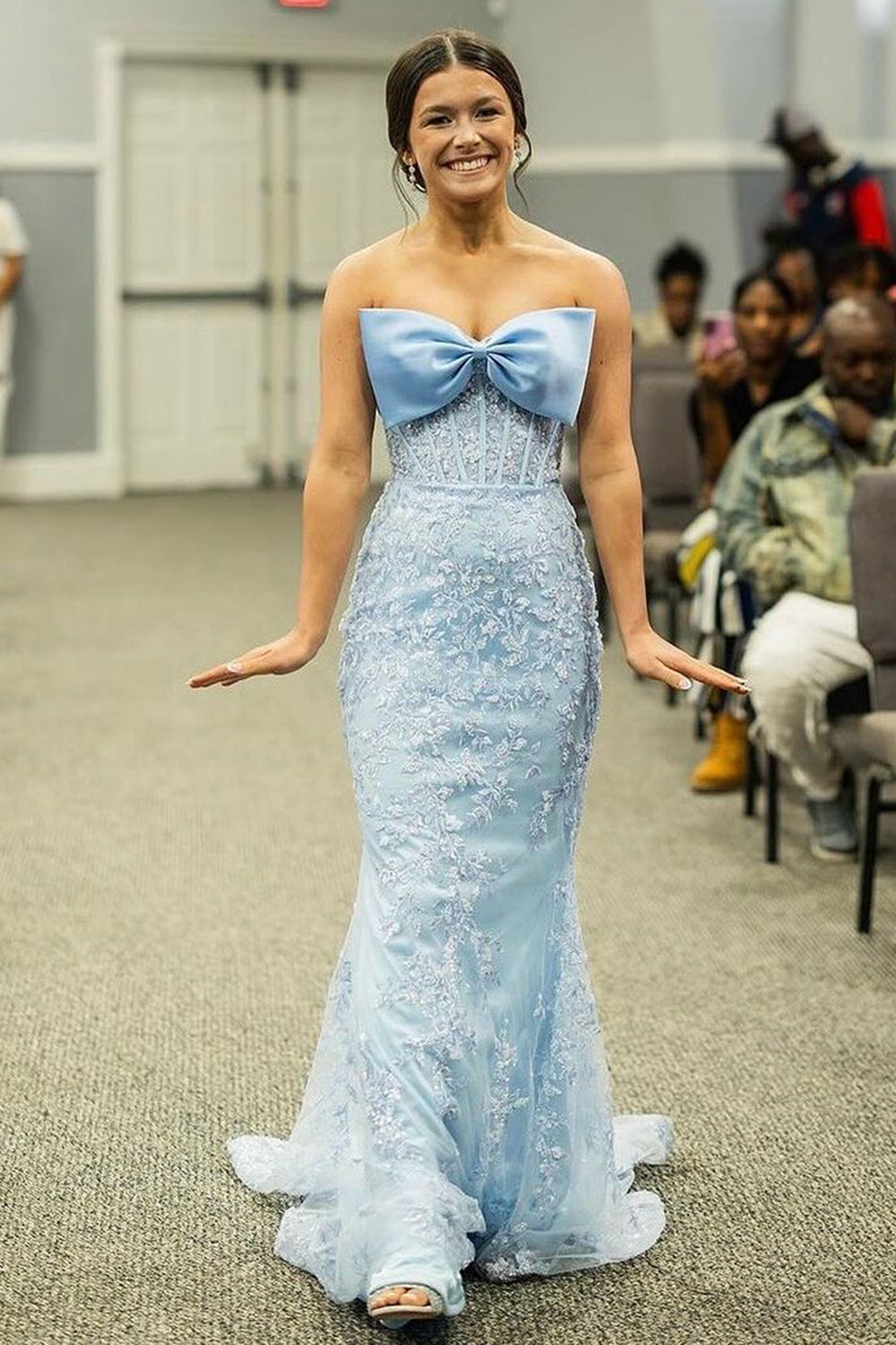 Sky Blue Strapless Mermaid Long Corset Prom Dress with Appliques