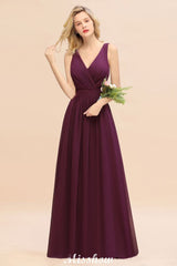 Sleeveless A-line Chiffon Bridesmaid Dress Floor-Length V-Neck Party Gown