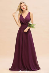 Sleeveless A-line Chiffon Bridesmaid Dress Floor-Length V-Neck Party Gown