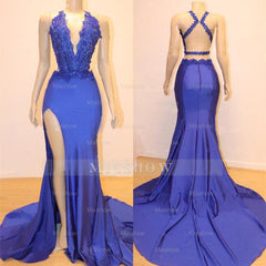 Sleeveless Prom Dress Mermaid Split With Lace Appliques