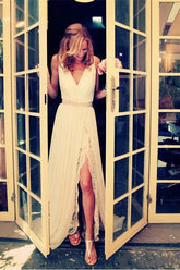 Sleeveless V-Neck Sweep Train Chiffon Beading Wedding Dress