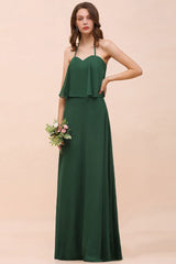 Spaghetti Chiffon Bridesmaid Dress Dark Green Maid of Honor Dress Floor Length