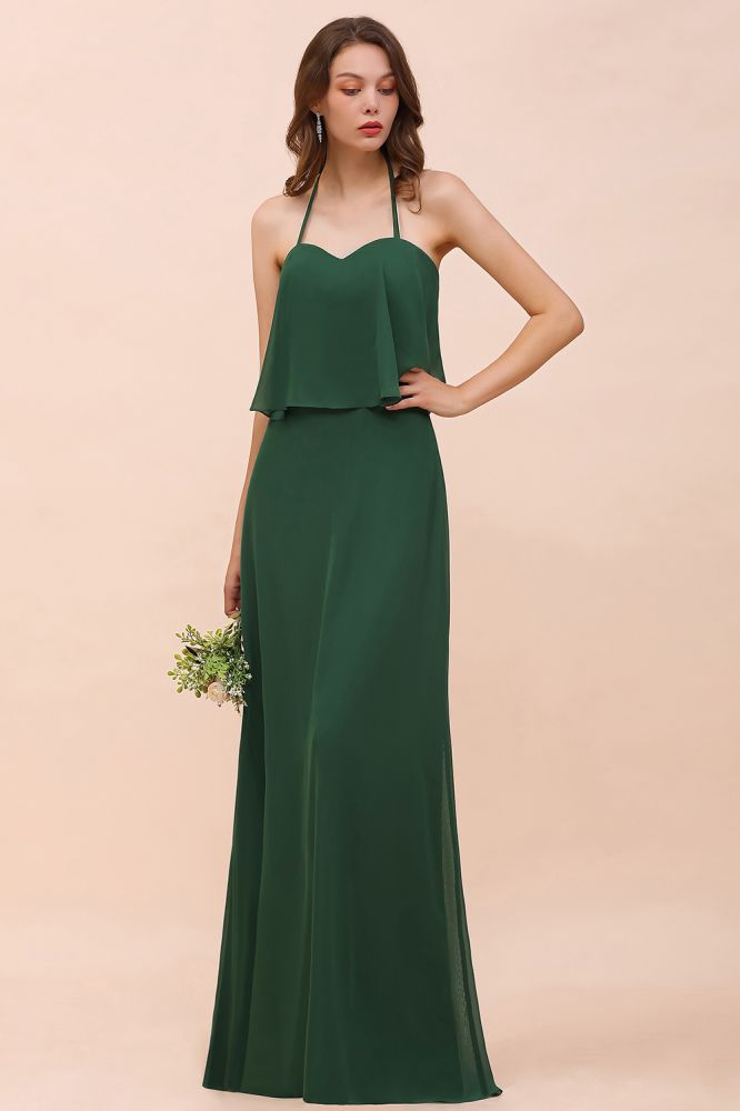 Spaghetti Chiffon Bridesmaid Dress Dark Green Maid of Honor Dress Floor Length