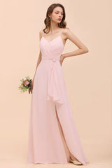 Spaghetti Side Split Pink Bridesmaid Dress Beach Simple Wedding Dress