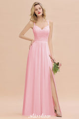 Spaghetti Slim Side Split Bridesmaid Dress Sky Blue V-Neck Wedding Party Dress