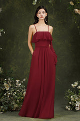 Spaghetti-Straps Bridesmaid Dresses Chiffon With Pockets Ruffles
