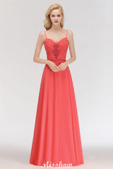Spaghetti Straps Chiffon Aline Evening Maxi Gown Sleeveless Beading Bridesmaid Dress