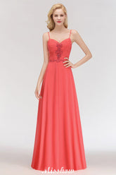 Spaghetti Straps Chiffon Aline Evening Maxi Gown Sleeveless Beading Bridesmaid Dress