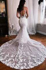 Spaghetti Straps Mermaid Floor Length Lace Wedding Dress with Chapel Train