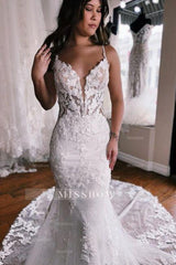 Spaghetti Straps Mermaid Floor Length Lace Wedding Dress with Chapel Train