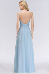 Spaghetti Straps Ruggle Chiffon Bridesmaid Dress Sky Blue A-line Wedding Party Dress