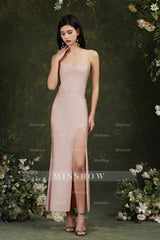 Spaghetti Straps Sleeveless Mermaid Front-Split Satin Prom Dresses